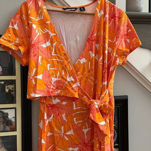 Lands End Orange Tropical Print Short Sleeve Wrap Top Dress sz M NWOT - Picture 1 of 5